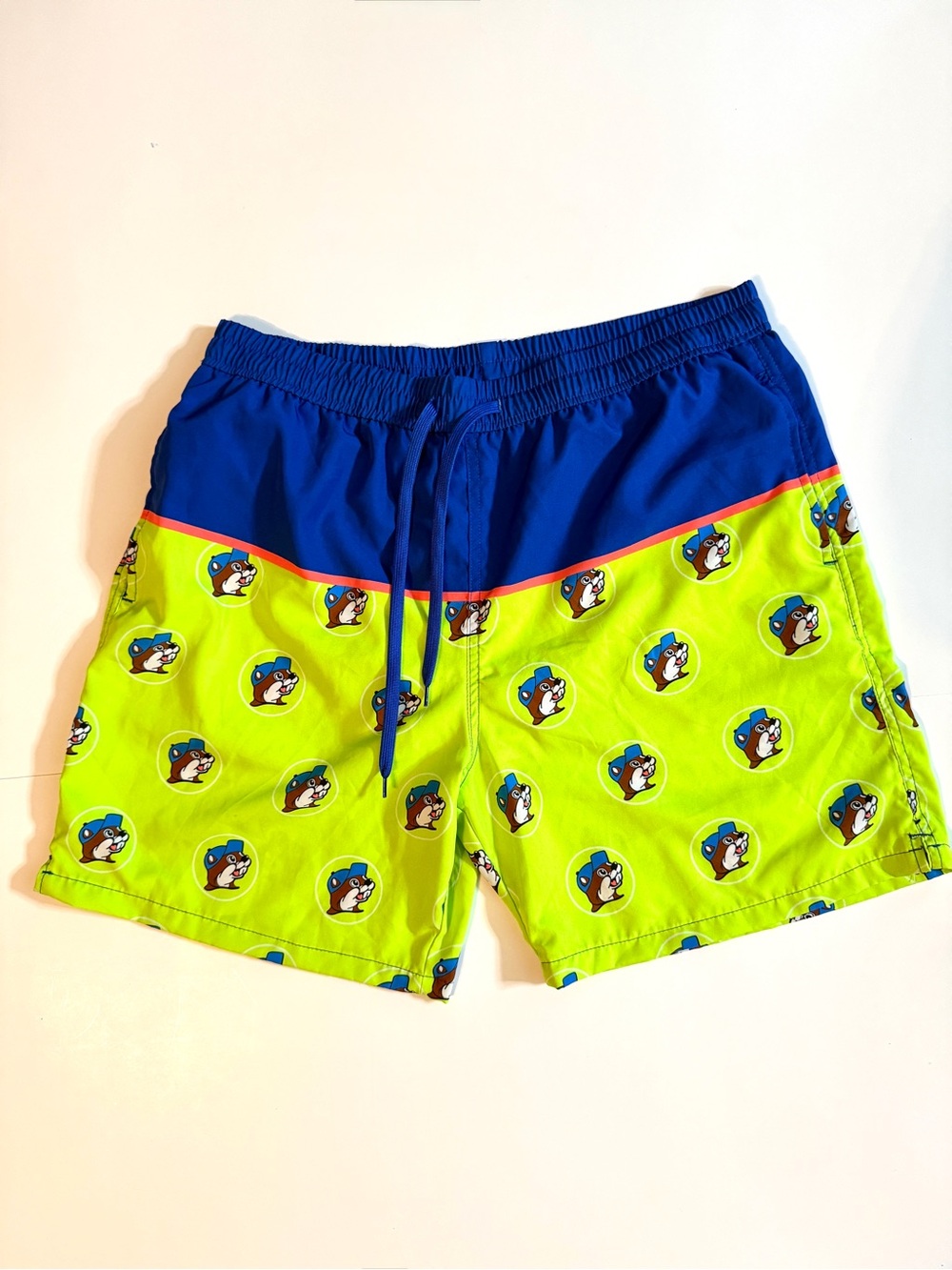Buc-ee’s Swim Trunks Neon Green Blue Beaver Logo Board Shorts Men’s XL